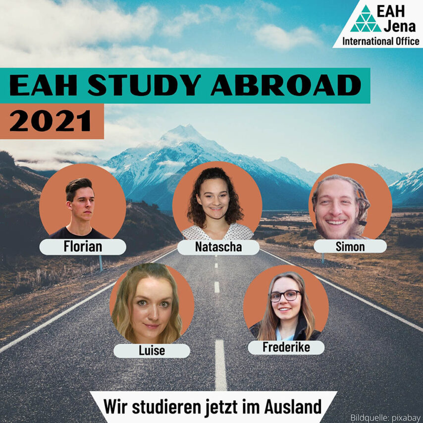 Fünf Studierende, die über das „EAH Study Abroad“ Stipendium vom DAAD jetzt in Südkorea, Jordanien und in den USA studieren  Grafik: Arina Levina