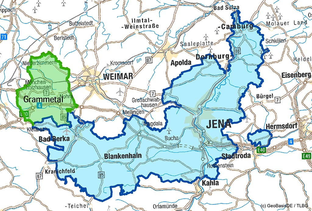 Übersichtskarte des Zweckverbandes mit dem Gebiet des Grammetals (grün eingefärbt). Karte: JenaWasser.