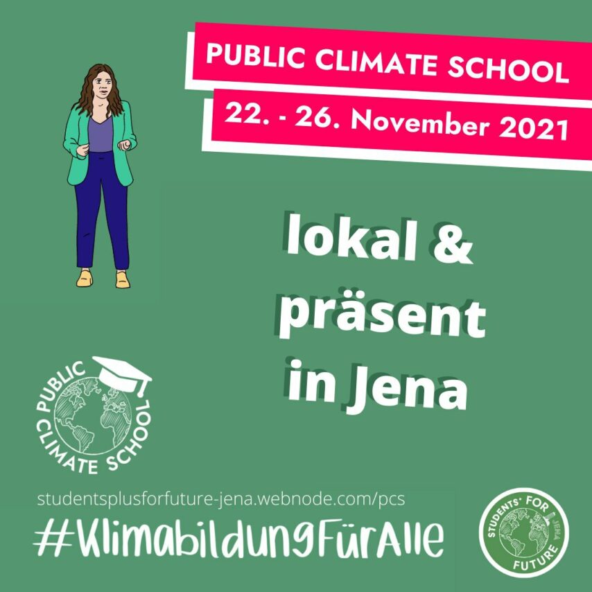 Public Climate School 22.-26.11. - Students+ for Future Jena stellen wieder ein abwechslungsreiches Programm auf die Beine! (Grafik: Students+ for Future Jena)
