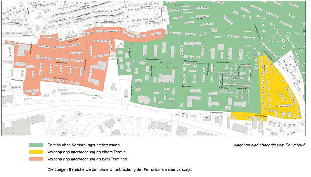 Die Karte zeigt, in welchen Gebieten es zur Unterbrechung der Fernwärmeversorgung kommt: Neben dem roten Bereich ist am 9. Dezember auch die Stifterstraße (gelb markiert) betroffen. Grafik: SWJ