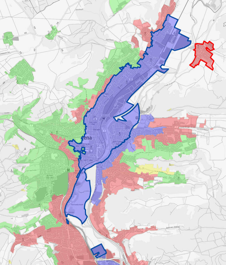 Der Kartenausschnitt zeigt die betroffenen Gebiete: In den dick blau umrandeten Teilen des Stadtzentrums, von Jena-Nord und Jena-Ost steigt der Wasserdruck um etwa 3 bar, in Kunitz um 1 bar. Hauseigentümer in diesen Gebieten sind dringend angehalten, ihre Hausinstallationen überprüfen zu lassen. Grafik: Stadtwerke Jena