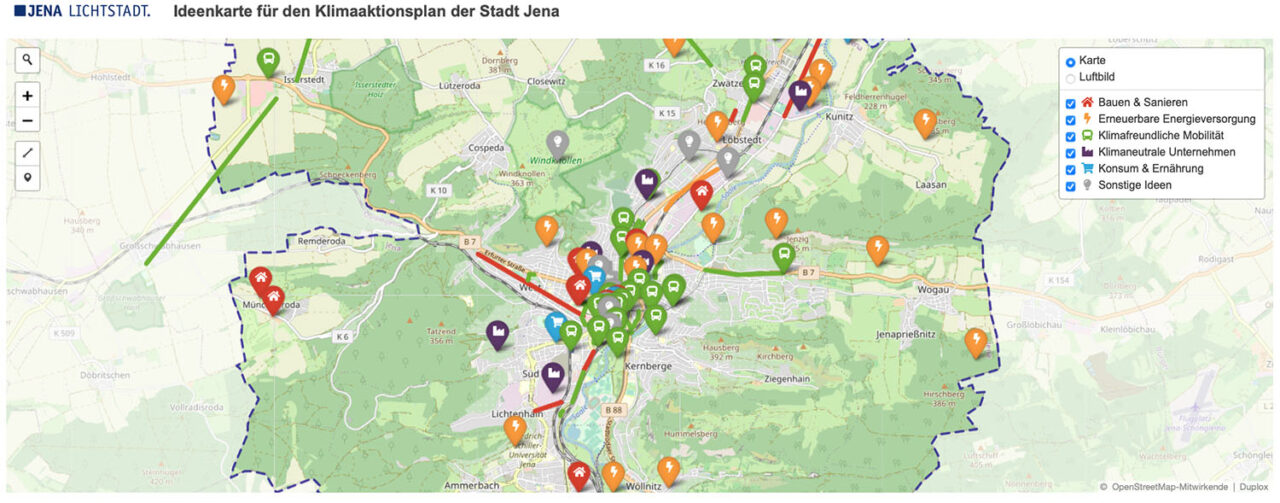 Auf der Online-Ideenkarte können sich Interessierte einbringen und so den Klima-Aktionsplan der Stadt Jena mitgestalten. (Grafik, Stadt Jena)