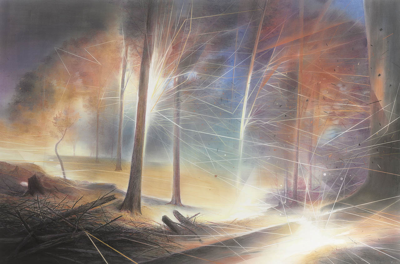 Wieland Payer: Brand, 2019, Pastell, Aquarell und Kohle auf grundiertem MDF, 100 × 150 cm