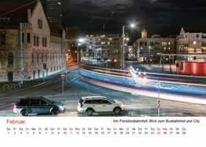 Jena Fotokalender 2024, Februar – Eine Langzeitbelichtung vom Paradiesbahnhof mit Sicht auf die City.