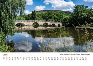 Jena Fotokalender 2024, Juni – An der Alten Saalebrücke in Jena-Burgau mit Spiegelung.