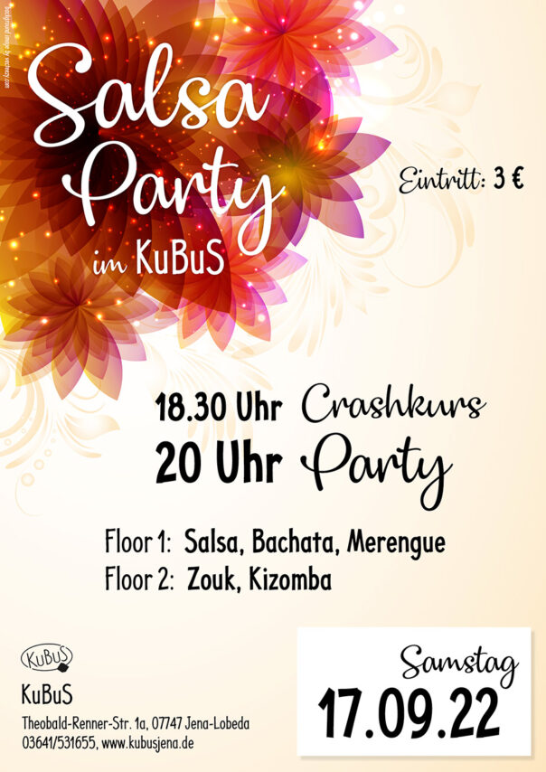 SAMSTAG, 17. SEPTEMBER 2022 UM 18:30 Salsa Party mit Crashkurs Kubus Jena Lobeda