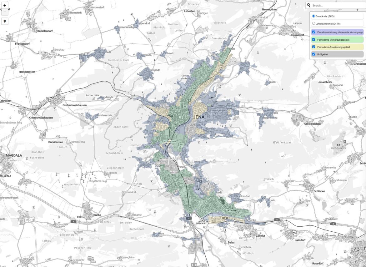 Bürgerinnen und Bürger können über eine interaktive Karte auf der Webseite der Stadtwerke Jena Gruppe herausfinden, welches Heizkonzept zu ihrem Stadtteil passt. Grafik, Stadtwerke Jena
