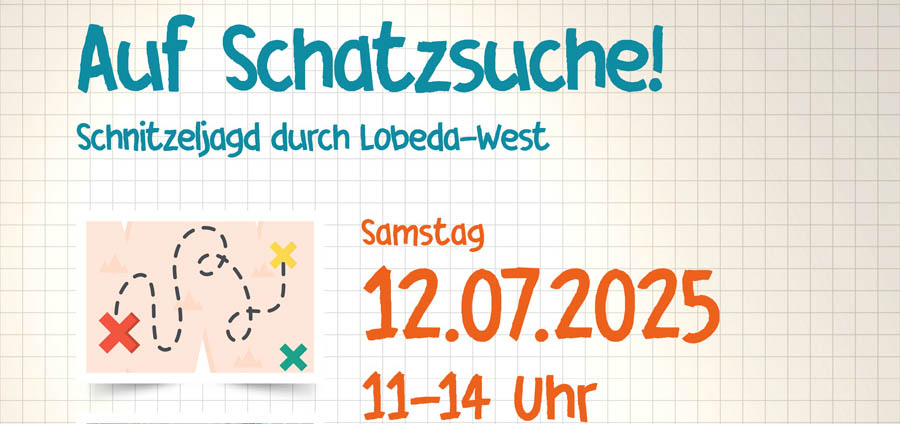 Schnitzeljagd für Kinder in Lobeda-West am 12.07.2025. Grafik WS-Banner Kubus Jena