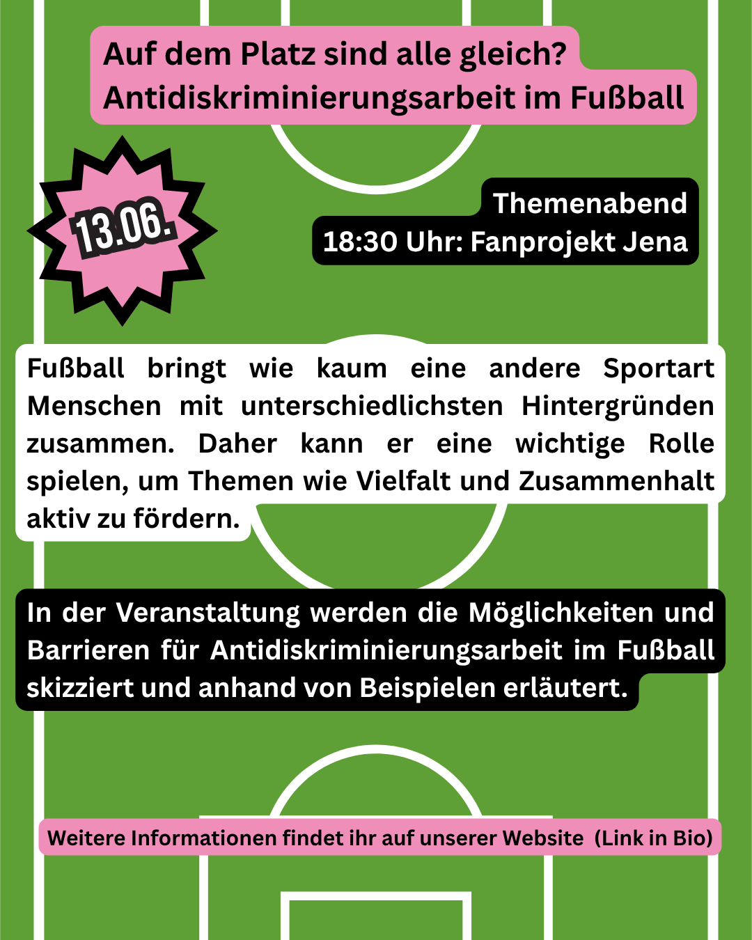 Themenabend zur Antidiskriminierung im Fußball am 13.06.2025 in Jena – Bildungspotenziale, Herausforderungen & gesellschaftliche Verantwortung. Grafik: KoKont Jena, Fanprojekt Jena