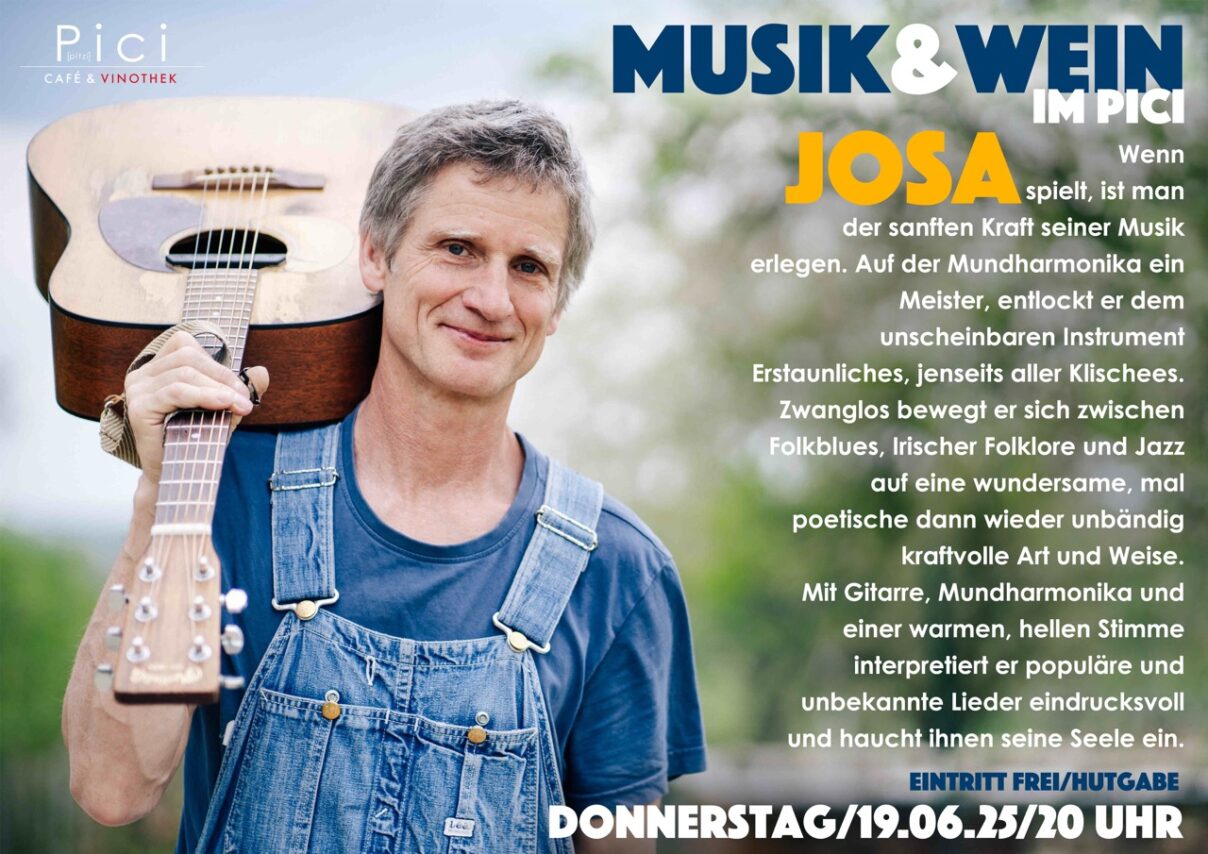 Erlebe am 19. Juni 2025 im Pici Jena ein stimmungsvolles Musik-Event mit Josa, Gitarre, Mundharmonika und Wein. Eintritt frei, Beginn um 20 Uhr.