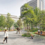 Jetzt die Siegerentwürfe zur Neugestaltung des Ernst-Abbe-Platzes online auf mitmachen.jena.de einsehen und bis 6. Juli 2025 kommentieren. Illustration: Perspektive mit Blick zur Mensa, © Atelier Loidl – Berlin