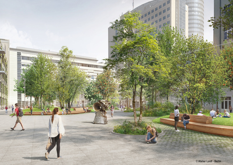 Jetzt die Siegerentwürfe zur Neugestaltung des Ernst-Abbe-Platzes online auf mitmachen.jena.de einsehen und bis 6. Juli 2025 kommentieren. Illustration: Perspektive mit Blick zur Mensa, © Atelier Loidl – Berlin