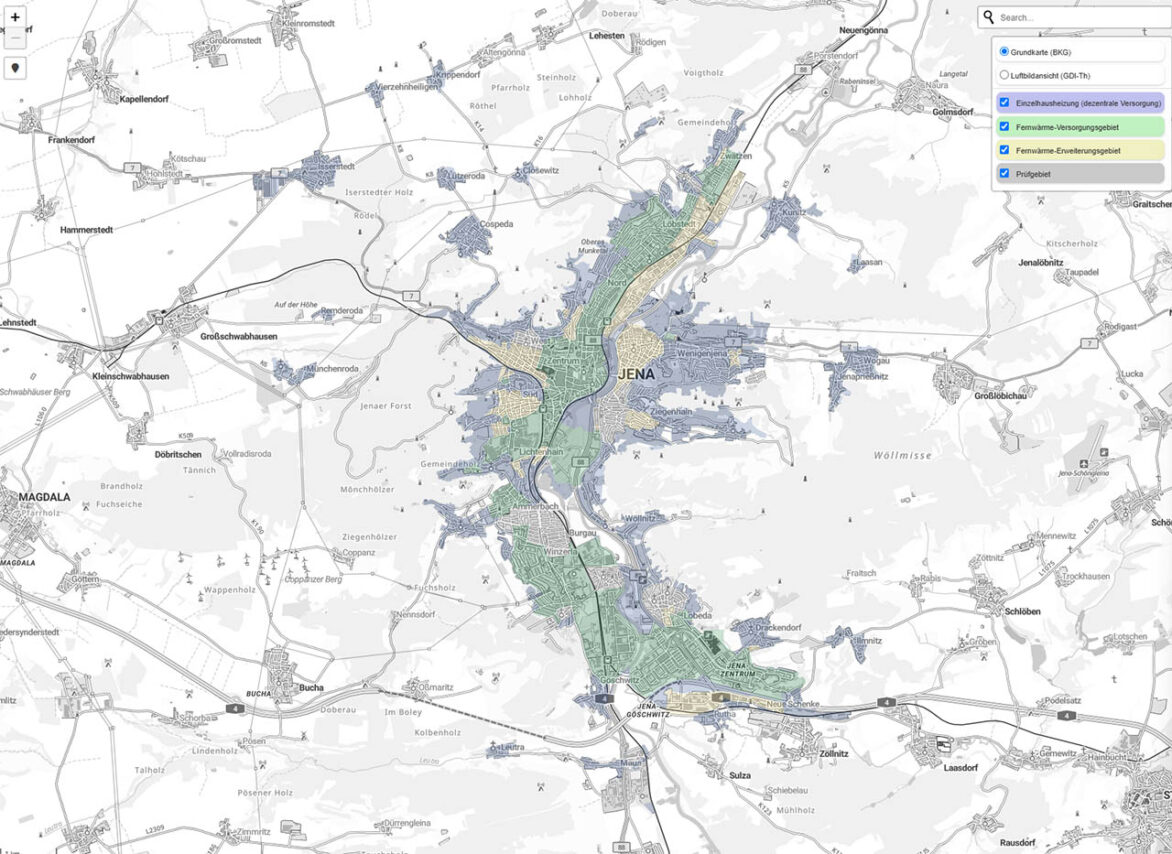Bürgerinnen und Bürger können über eine interaktive Karte auf der Webseite der Stadtwerke Jena Gruppe herausfinden, welches Heizkonzept zu ihrem Stadtteil passt. Grafik, Stadtwerke Jena