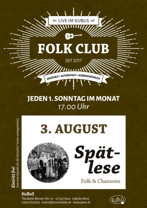 Folk Club mit Spätlese: Europäische Folkklänge live. Gfx. WS-Banner Kubus Jena