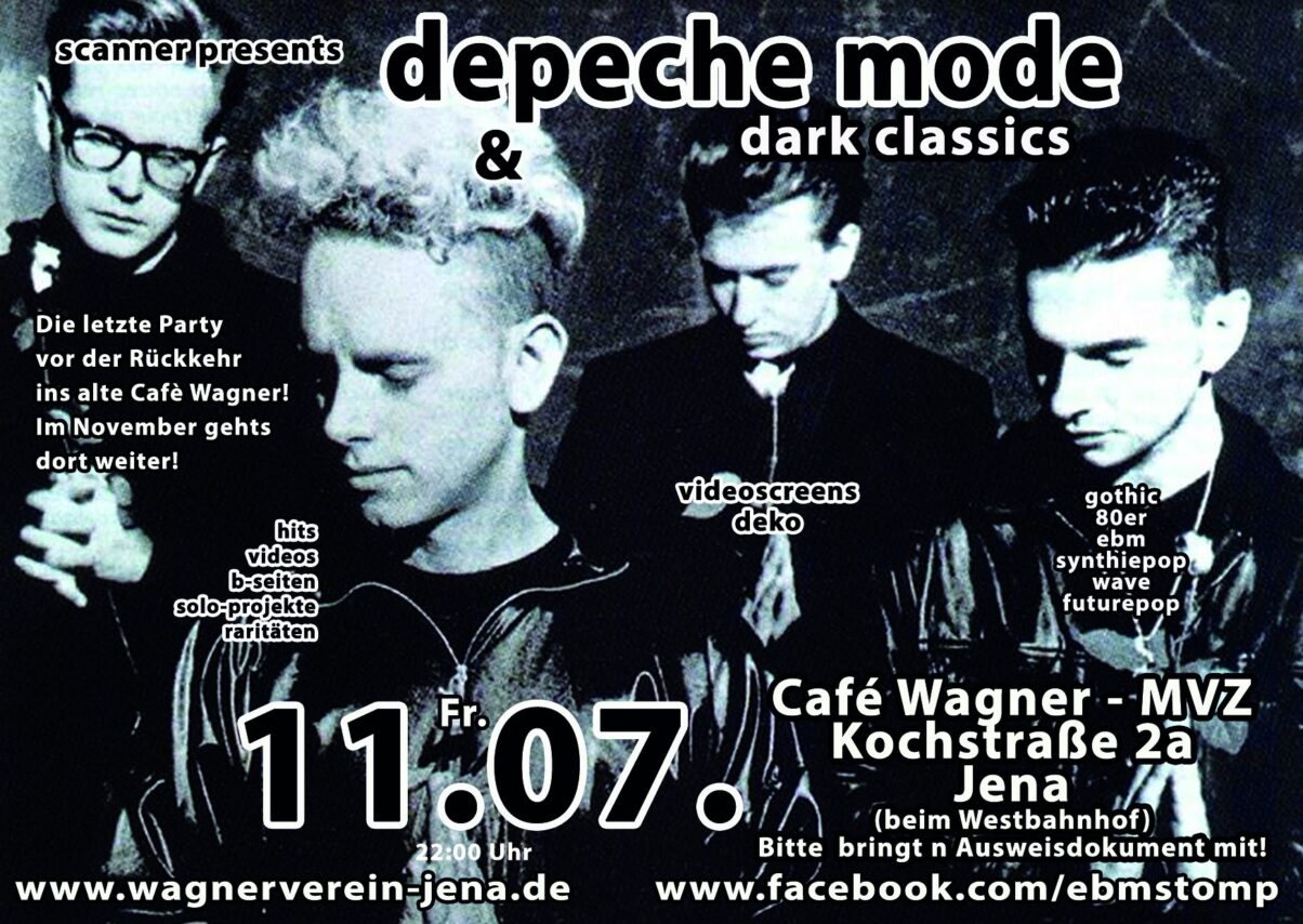 Depeche Mode & Dark Classics am 11.07. im MVZ_Wagner Jena – Klassiker, B-Seiten, EBM & mehr. Ein Muss für Fans dunkler Klänge & nostalgischer Beats. Gfx. Fb-Banner Café Wagner Jena