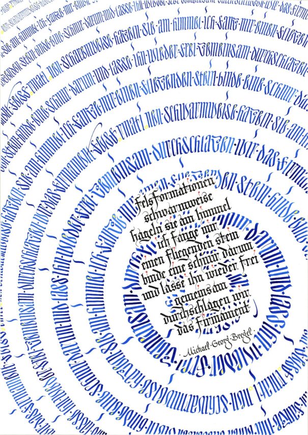 Die Villa Rosenthal Jena zeigt Silvio Colditz’ „Bibliothek der Poesie“ – eine faszinierende Verbindung aus Kalligrafie und moderner Lyrik. Eintritt frei! Silvio Colditz kalligraphiert Grafik: Bregel, Michael-Georg