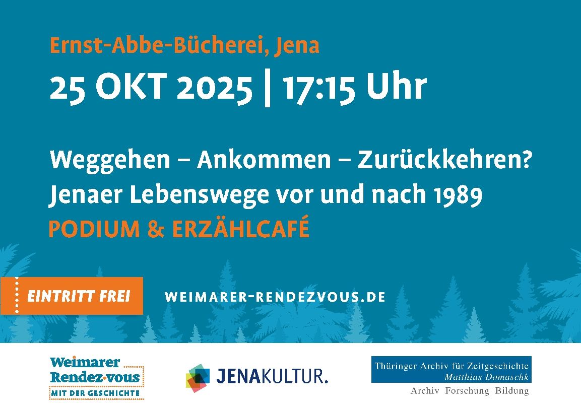 Podiumsdiskussion und Erzählcafé am 25. Oktober in der Ernst-Abbe-Bücherei Jena: Zeitzeug:innen berichten über Ausreise, Fremde und Heimat. Grafik JenaKultur
