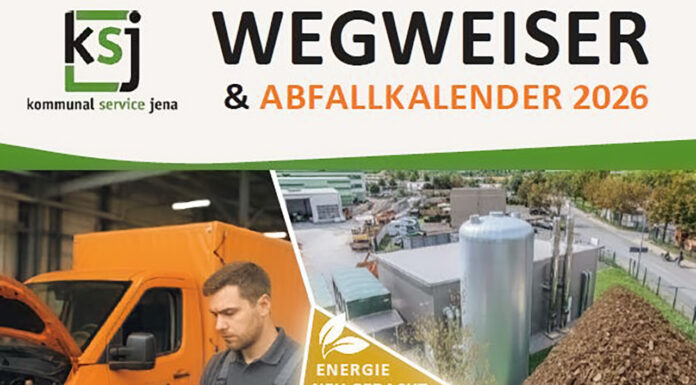 Jenas Wegwegweiser mit Abfallkalender werden ab Montag, 24.11. an die Haushalte verteilt Verteilung des Wegweisers mit Abfallkalender 2026 in Jena startet am 24.11.2025. Abholung für Lobeda/Winzerla vor Ort. Digitaler Download ab Jahreswechsel. Grafik, Stadt Jena