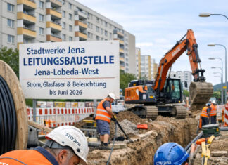 Leitungsbauarbeiten in der Theobald-Renner-Straße bis Juni 2026 Leitungsbauarbeiten in Jena-Lobeda-West sichern Stromversorgung. Neue Kabel, Glasfaser und Beleuchtung bis Juni 2026. Symbolfoto, Illustration via KI