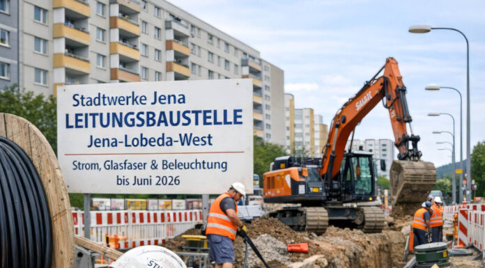 Leitungsbauarbeiten in der Theobald-Renner-Straße bis Juni 2026 Leitungsbauarbeiten in Jena-Lobeda-West sichern Stromversorgung. Neue Kabel, Glasfaser und Beleuchtung bis Juni 2026. Symbolfoto, Illustration via KI
