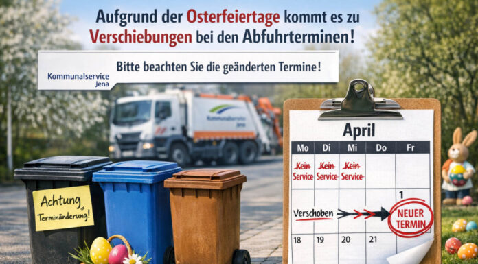 Wichtige Entsorgungstermine rund um Ostern in Jena angepasst Wichtige Entsorgungstermine Ostern 2026 in Jena angepasst. Fotografik: Illustration via KI