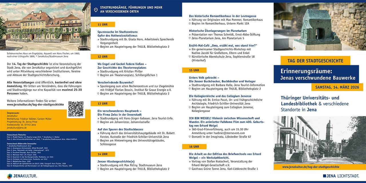 Historisches Jena verstehen. Tag der Stadtgeschichte 2026. Das Programm als PDF downloaden.