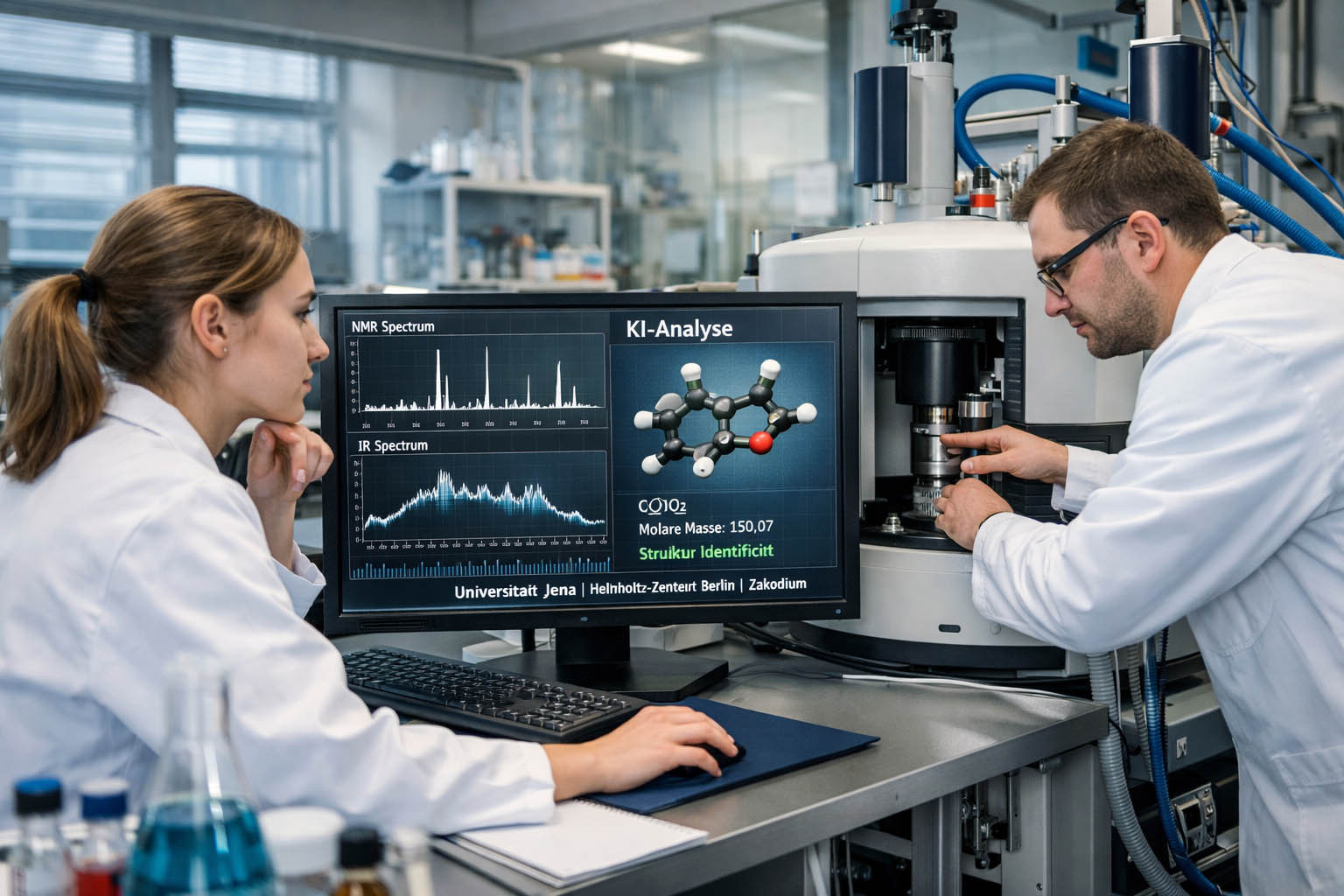 Neue KI für chemische Strukturanalyse wertet Spektren aus und schlägt Molekülstrukturen vor. Forschende aus Jena stellen System SECS vor. Präzise KI analysiert chemische Spektren in Minuten. Fotografik: Illustration via KI