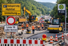 Bauarbeiten im Mühltal: Buslinie 16 fährt zum Ferienbeginn nur eingeschränkt Bauarbeiten Mühltal Buslinie 16 zum Ferienstart unterbrochen. Foto: Illustration via KI