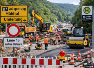 Bauarbeiten im Mühltal: Buslinie 16 fährt zum Ferienbeginn nur eingeschränkt Bauarbeiten Mühltal Buslinie 16 zum Ferienstart unterbrochen. Foto: Illustration via KI