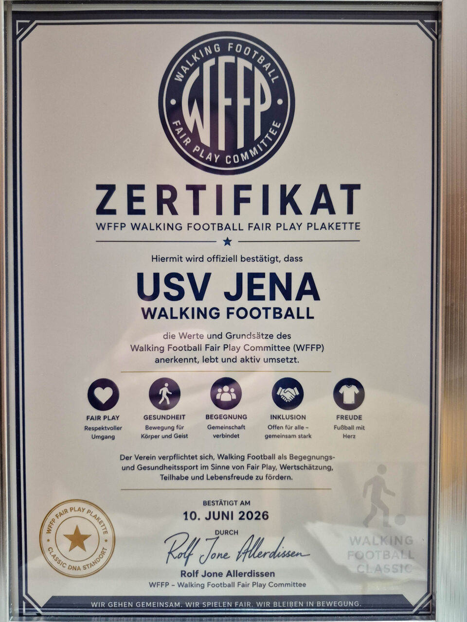 Fair Play Plakette 2026 für Geh-Fußball im USV Jena. Foto: USV Jena Fair Play Plakette 2026 für Geh-Fußball im USV Jena. Foto: USV Jena