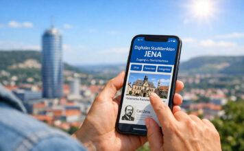 Jena hat ein digitales Stadtlexikon – Umfassender Zugang zur Stadtgeschichte Das digitale Stadtlexikon Jena macht historische Orte, Persönlichkeiten und Ereignisse online zugänglich und verbindet Stadtgeschichte mit moderner Digitalisierung. Fotografik: Illustration via KI