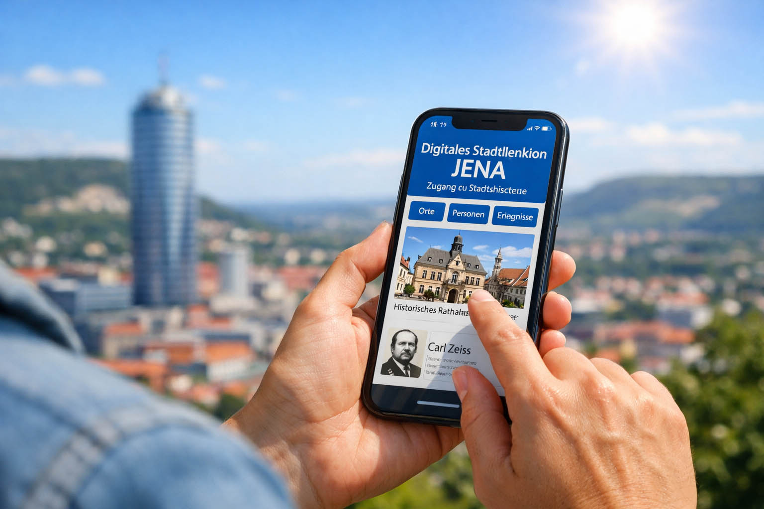 Das digitale Stadtlexikon Jena macht historische Orte, Persönlichkeiten und Ereignisse online zugänglich und verbindet Stadtgeschichte mit moderner Digitalisierung. Fotografik: Illustration via KI