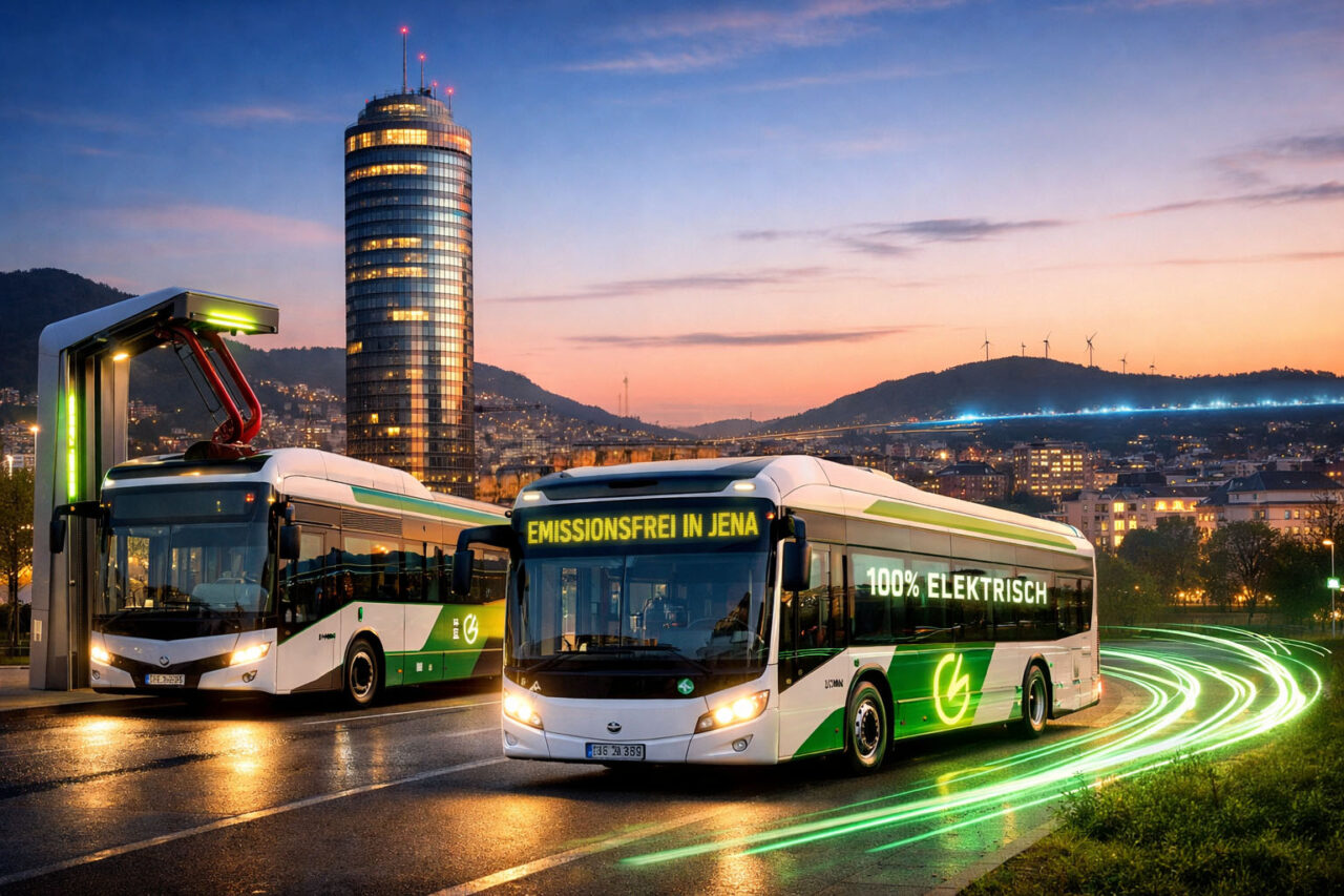 Elektrobusse für Jena beschlossen: Stadt modernisiert seine Busflotte 1 Beschlossen: Jena setzt auf E-Busse im Nahverkehr. Foto: Illustration via KI