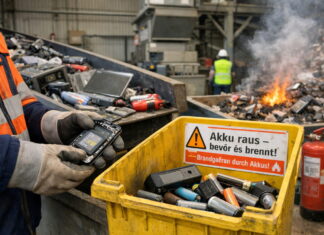 Bei Entsorgung von Elektrogeräten: Akku raus – bevor es brennt! Bei Entsorgung von Elektrogeräten: Akku raus – bevor es brennt! Foto: Illustration via KI