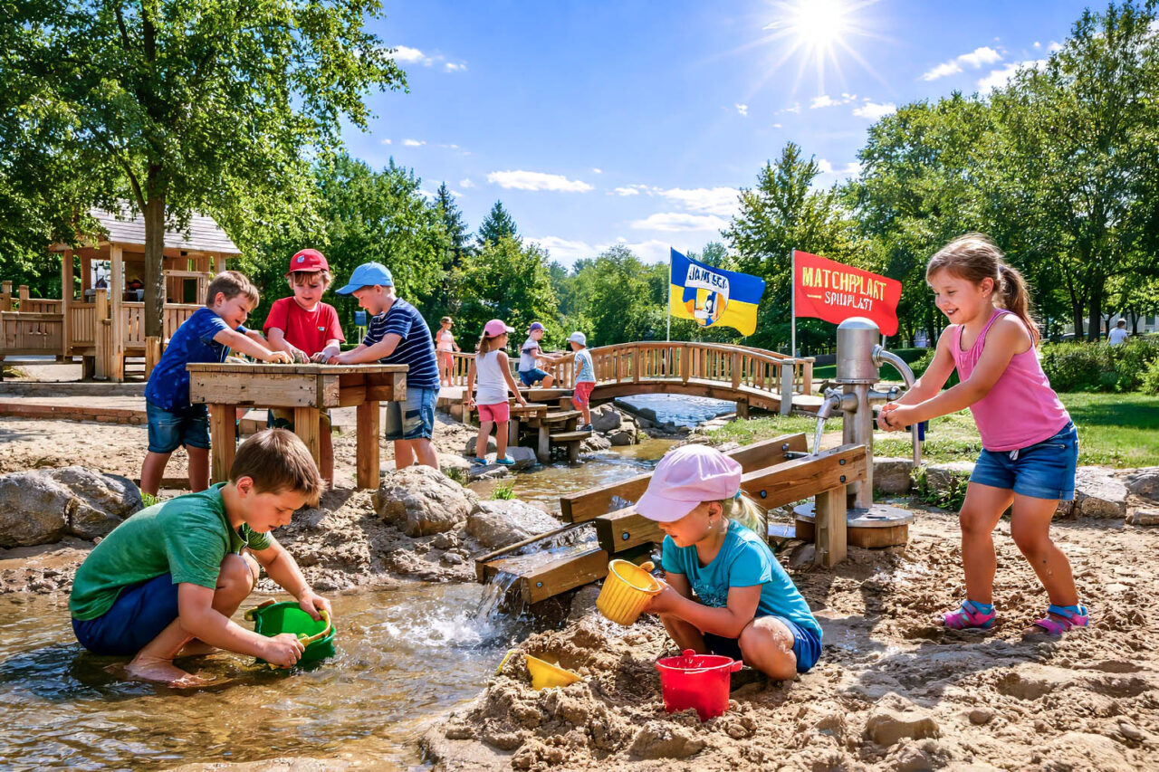 Der neue Wasserspielplatz Jena in Wenigenjena ist beschlossen. Der inklusive Matschspielplatz soll 2027 entstehen und Familien neue Spielangebote bieten. Neuer Matschspielplatz soll 2027 in Jena-Ost entstehen. Foto: Illustration via KI