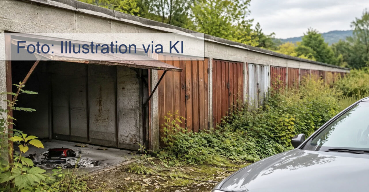 Stadt Jena baut die Garagenanlage „Im Wehrigt-Süd“ zurück. 38 Garagen weichen einer unversiegelten Grünfläche für Hochwasser- und Hitzeschutz. Garagenanlage Im Wehrigt-Süd werden 2027 zurückgebaut. Foto: Illustration via KI