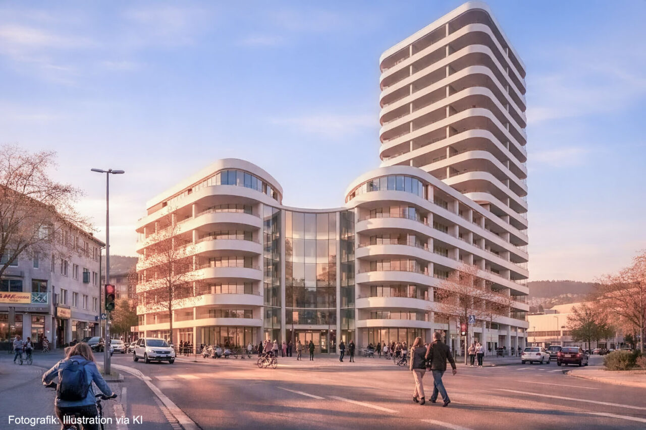 Im dotSource Campus Jena sollen 48 neue Wohnungen entstehen. Dafür werden rund 2.000 Quadratmeter Bürofläche in Wohnraum umgewandelt. dotSource Campus: 48 neue Wohnungen in Jena. Fotografik: Illustration via KI
